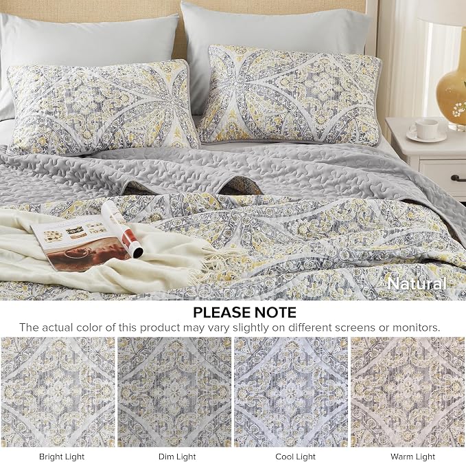 Comfort Spaces Gloria Full Queen Quilt Set 3 Piece for Summer Gray/Yellow | Reversible Coverlet Bedspread, Soft All Season, Medallion Pattern, Winter Layer with Shams Modern Lightweight, Cozy Comfort