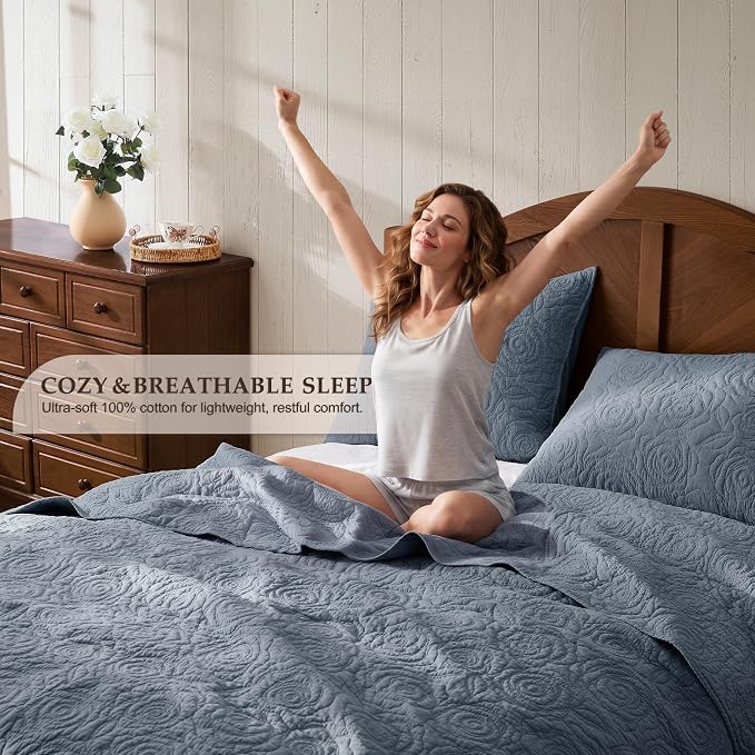 WDCOZY 100% Cotton Queen Size Quilt Bedding Sets Floral Rosette Dusty Blue | Pre-Washed Thin Farmhouse Bedspread, 90"x96" Comforter + 2 Shams 20"x26", Lightweight Coverlet, All-Season, Machine Washable