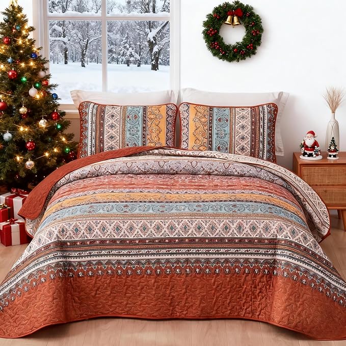 WONGS BEDDING Boho Quilt Queen Size,3 Pcs Bedspread Set, Burnt Orange | Colorful Bohemian Striped Printed Bedding for All Season, Lightweight Microfiber Coverlet Set with 2 Pillowcases(96"x90")