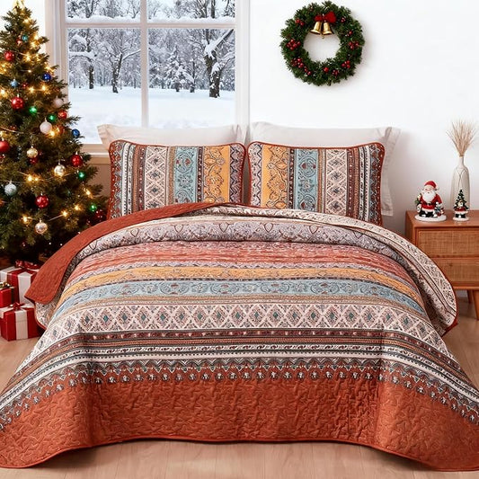 WONGS BEDDING Boho Quilt Queen Size,3 Pcs Bedspread Set, Burnt Orange | Colorful Bohemian Striped Printed Bedding for All Season, Lightweight Microfiber Coverlet Set with 2 Pillowcases(96"x90")