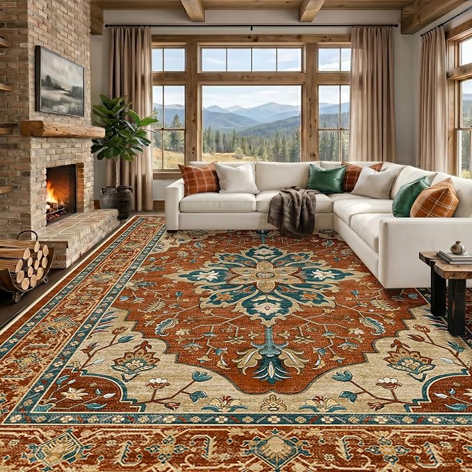 RELEANY Washable Area Rug, Large 9'x12', Red/Orange/Blue/Brown | Non-Slip, Water Repellent, Pet Friendly, Easy to Clean, Vintage Floral Boho Decor for Living Room Bedroom Dining Room