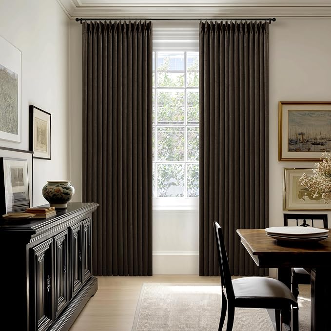 100% Blackout Linen 102 Inch Curtains 2 Panels for Bedroom Dark Chocolate | Pinch Pleated, Dark Brown Chocolate, Linen Textured, Insulated Heavy Curtain, Sliding Glass Door, Room Darkening Drapes