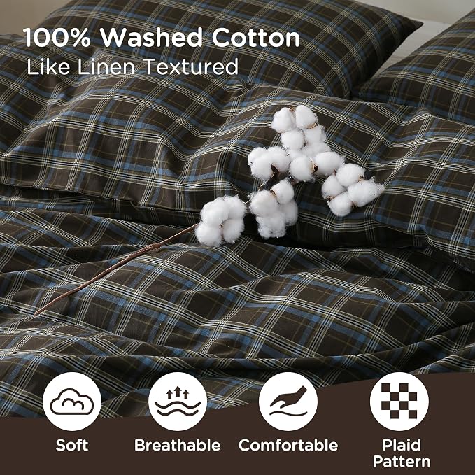 TOCOMOA Buffalo Plaid Duvet Cover Set 100% Washed Cotton Like Linen, Queen | Linen-Like Feel Soft, Breathable & Comfy for All Season. Brown Blue Bedding Set with Zipper & 8 Ties. 3 Pcs, No Insert