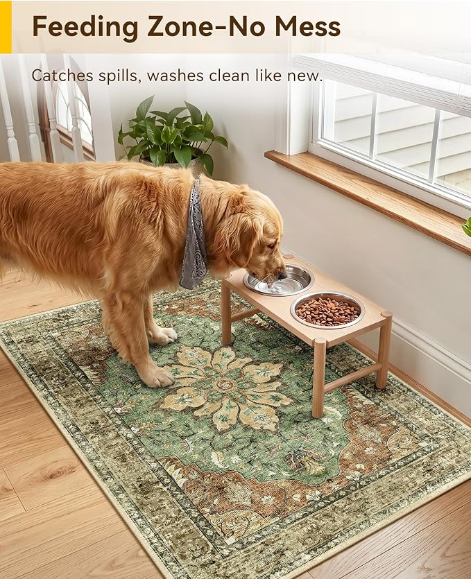RELEANY Washable Area Rug, Small 2'x3', Brick/Brown/Green | Non-Slip, Water Repellent, Pet Friendly, Easy to Clean, Vintage Floral Boho Decor for Kitchen Entryway Bathroom