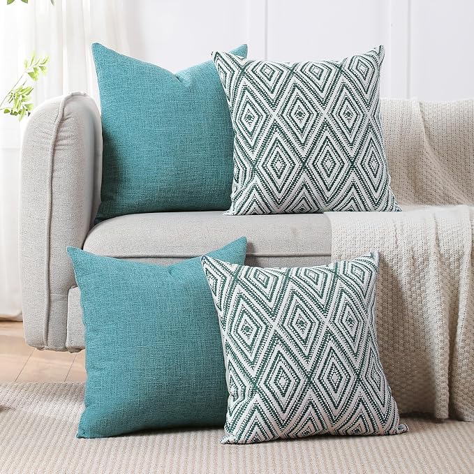HPUK Throw Pillow Covers 20x20, Set of 4, Aqua Blue Couch Pillow Covers | Polyester fabric, patterned and solid designs, hidden zippers, machine washable, for sofas and beds, inserts not included