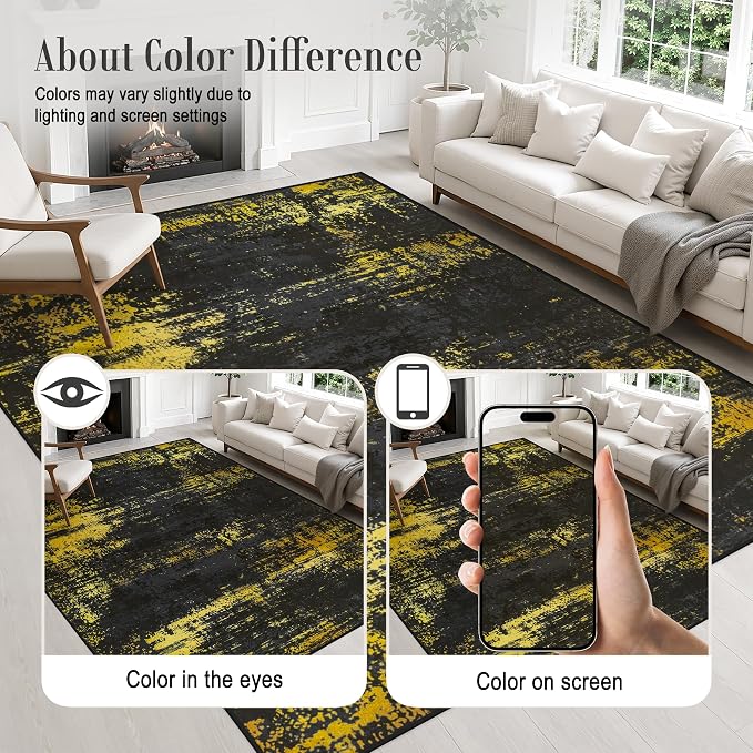 Area Rug Living Room: 4x4 Modern Washable Soft Carpet Black Gold | For Bedroom Dining Room Farmhouse Nursery Hallway Office,Modern Abstract,Machine washable,Non-Slip,Stain Resistant,Indoor
