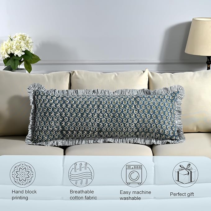 Ridhi Block Print Peacock Blue Ruffle Lumbar Pillow Shams, 14" x 36" Set-1 | 100% cotton, Floral Pillowcase, Cushion Cover, Hidden Zipper, Cottagecore Bedding, farmhouse boho style, fits couch, sofa,Bed