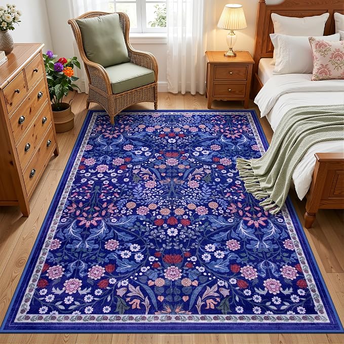 PLHXFR Area Rug Living Room: 3x5 Floral Washable Boho Soft Carpet Blue | For Bedroom Dining Room Farmhouse Nursery Hallway,Vintage Floral,Machine washable,Non Slip,Stain Resistant,Large Indoor