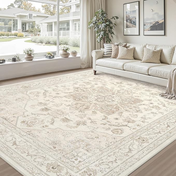 Area Rugs 9x12 Living Room: Bedroom Washable Carpet Beige White | Vintage Boho Soft Small Indoor Decor Floor Non-Slip Low Pile Neutral Farmhouse Entryway Laundry Bathroom Bedroom Beside Rugs