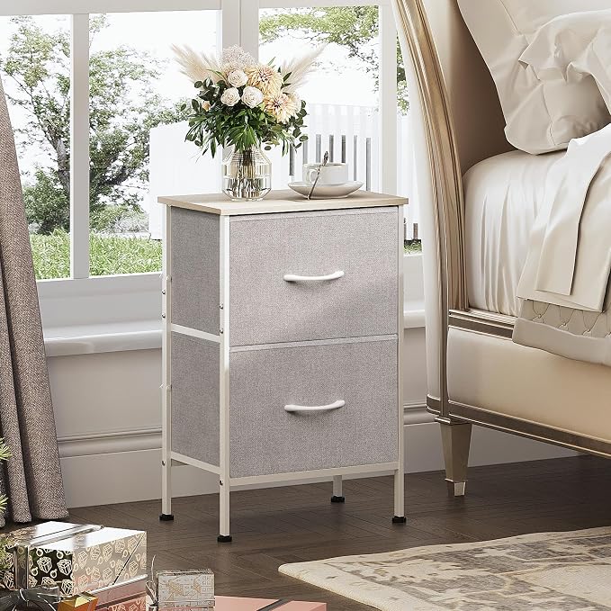 WLIVE Nightstand, Nightstand with 2 Drawers, Bedside Furniture, Night Stand, Small Dresser for Bedroom, College Dorm, End Table with Fabric Bins, Dormitory, Light Grey