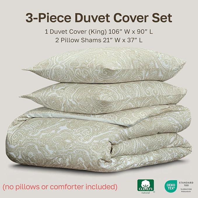 California Design Den Luxury King Size Duvet Cover Set, Paisley Beige Print | Soft 400 Thread Count 100% Cotton Sateen Backed by GH Seal, Duvet Cover & Pillow Sham 3 Pc Set, Button Closure & Corner Ties
