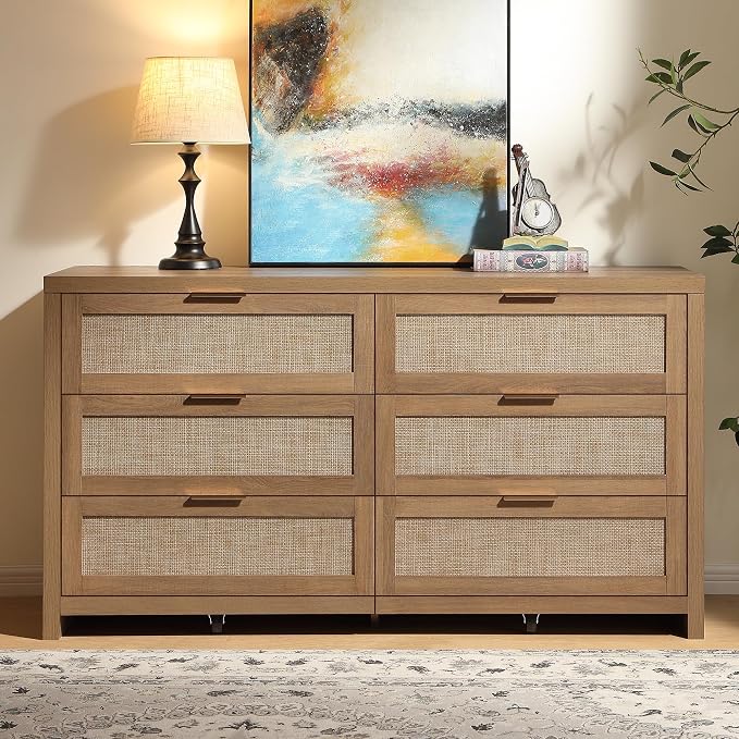 SICOTAS Rattan Dresser for Bedroom, 57" Wide 6 Drawer Dresser | Dressers with Ample Storage, Large Chest of Drawers, Closet, Boho TV Stand for Bedroom, Reclaimed Caramel Oak, 1 Piece