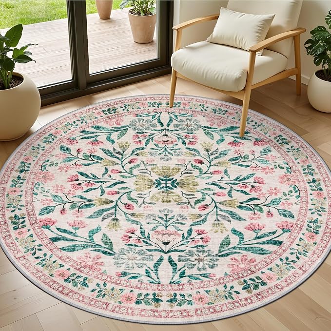 PLHXFR Round Area Rug Living Room: 4 ft Floral Washable Carpet Pink Green | For Bedroom Dining Room Farmhouse Nursery Hallway,Vintage Floral,Machine washable,Non Slip,Stain Resistant,Large Indoor