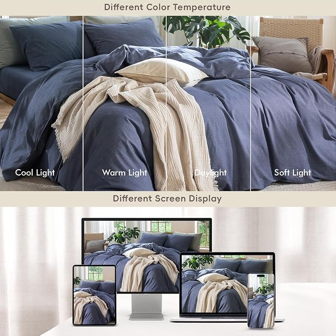 MooMee Duvet Cover Set 100% Washed Cotton Linen Like Queen | Relaxed Linen-like Texture. Soft, Breathable & Long-lasting Comfort. Lightweight. Hidden Zipper with 8 Interior Corner Ties