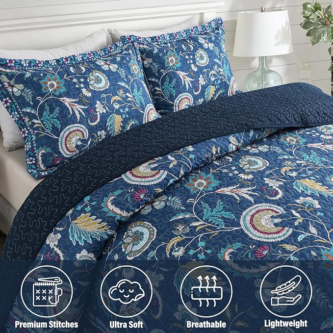 Quilt Set Queen Size, Bedspread Sets Blue Botanical Floral Patterns, Reversible Quilt Bedding Set Lightweight and Breathable for All Seasons, Soft Quilted Bedspread with 2 Pillow Shams