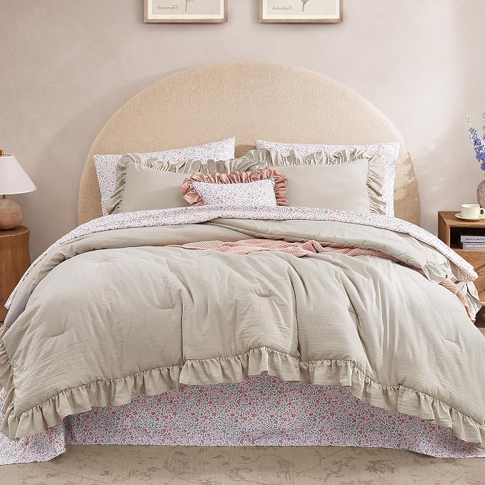 King Size Comforter Set-7 Pieces Ruffle Bedding Floral Sheet | Brich Bed in a Bag, Soft Lightweight All Season Farmhouse King Size Bedding Sets with Floral Sheets, Pillowcases & Shams