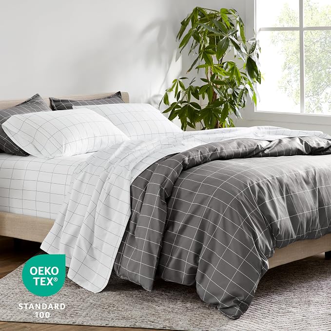 Bare Home Duvet Cover Set 1800 Ultra-Soft (Queen, Grid - Grey/White) | Lightweight, Cooling, Breathable, Premium 1800 Ultra-Soft, All-Season