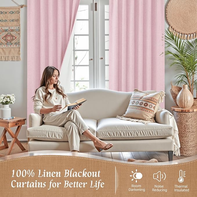 63 Inch Long 100% Blackout Linen Curtains 2 Panels with White Liner | Pink, Living Room, Farmhouse, Bedroom Curtains, Full Room Darkening, Thermal, Rod Pocket Back Tab Panels, 60 x 63 Inch