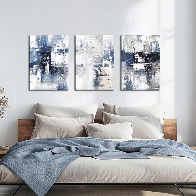 Abstract Blue and White Wall Art Set of 3, Modern Simple Navy Framed Canvas Prints Poster, Gray Painting Picture for Living Room, Bedroom, Office Wall Decor 16x24 Inch