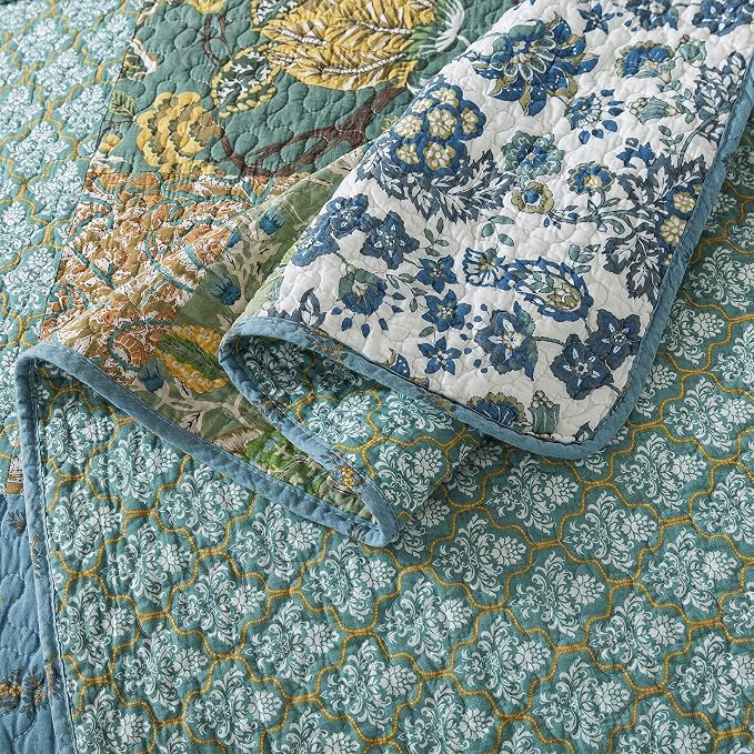 Cotton Patchwork Bedspread, 3-Piece Bedding Quilt Set with Real Stitched Embroidery, Reversible Matelasse Bed Coverlet Set,Green Farmhouse Garden,Twin Size