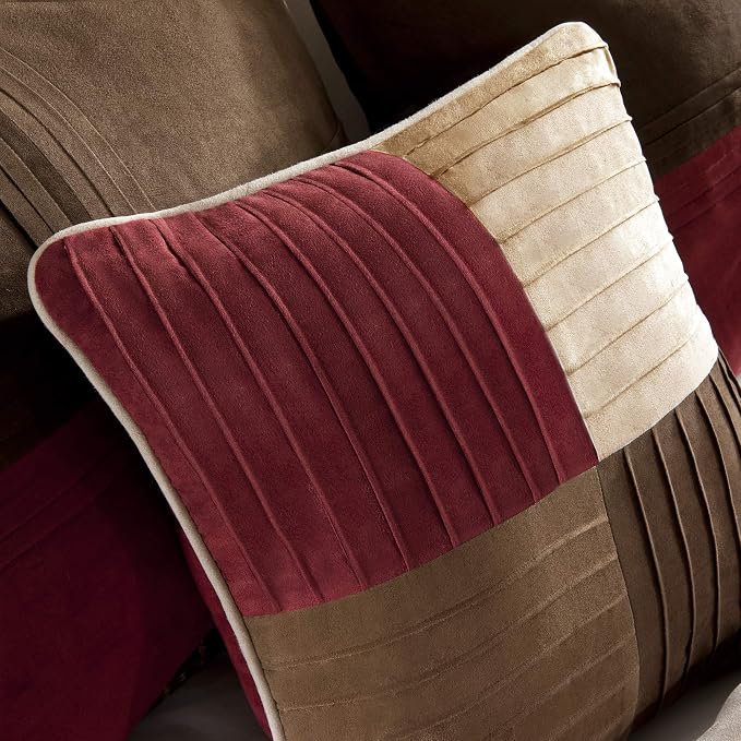 Madison Park Casual Blocks Comforter Set, 7PC Cal King Bedding Set | All Season, with Comforter, Shams, Bed Skirt, Decorative Pillows, Red Brown, Red