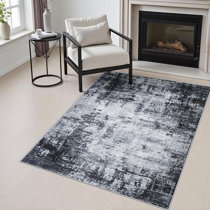 Area Rug Living Room: 3x5 Modern Washable Soft Carpet Dark Black | For Hallway, Bedroom, Kitchen, Laundry, Bathroom,Door Mat,Modern Abstract,Machine washable,Non-Slip,Stain Resistant,Indoor