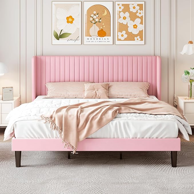 SHA CERLIN King Size Velvet Bed Frame, Tufted Wingback Headboard, Pink | 47'' Modern Vertical Channel Headboard, Upholstered Platform Bed, Wood Slats, No Box Spring Needed, Easy Assembly, Noise Free