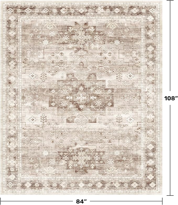 Boho 7x9 Area Rug for Living Room - Washable Beige Dining Room Rug Under the Table, Low Pile Non-Slip Rugs for Bedroom, Office - Charming Geometric Decor & Stain Resistance (7x9 Beige/Latte)