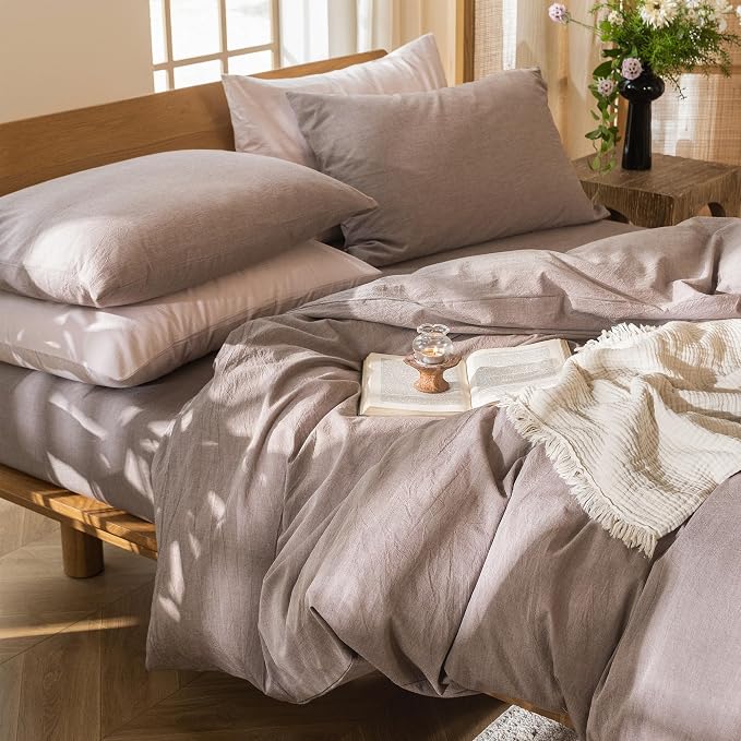 MooMee Duvet Cover Set 100% Washed Cotton Linen Like Twin | Relaxed Linen-like Texture. Soft, Breathable & Long-lasting Comfort. Lightweight. Hidden Zipper with 8 Interior Corner Ties