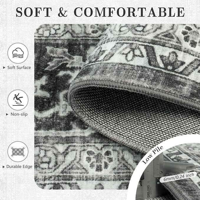 6x9 Area Rugs - Washable Vintage Retro Living Room Rug, Soft Ultra Thin Non Slip Low Pile Traditional Distressed Boho Carpet for Bedroom Dining Room Nursery Home Office, Black Grey