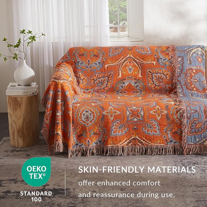 Boho Throw Blanket for Couch Sofa Bed, 100% Cotton Woven Quilt with Tassel 60”x80”, Super Soft Muslin Blanket with Floral Printed, Decorative Reversible Bed Blanket/Cover for All Seasons
