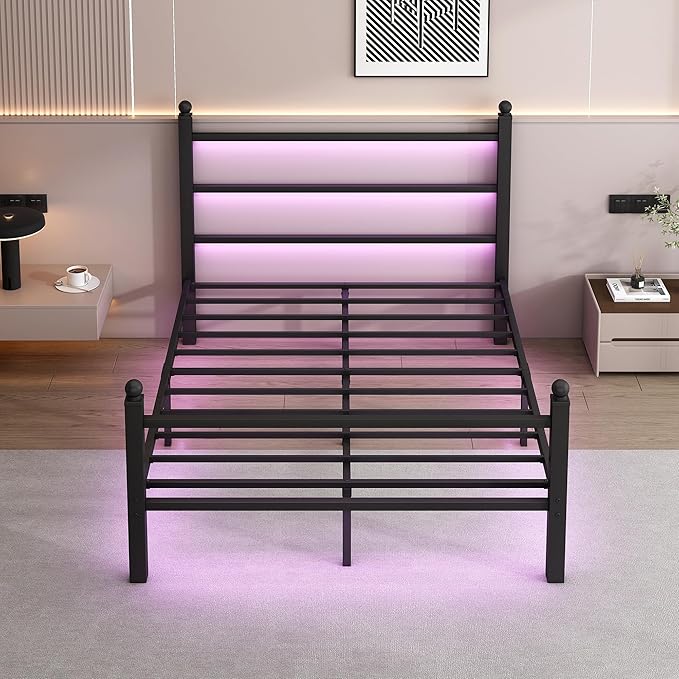 CLIBFENG Full Size Bed Frame with Headboard and Footboard,Steel Slats Support-LED Bed Frame with Charging Station,Mattress Foundation-Under Bed Storage, No Box Spring Needed,Noise Free,Black