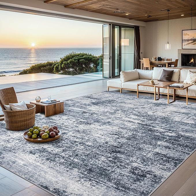 PLHXFR 10x14 Area Rug Living Room: Abstract Washable Carpet Grey Blue | For Bedroom Dining Room Farmhouse Nursery Home,Machine washable,Non Slip,Large Soft Neutral,Stain Resistant, Indoor Floor