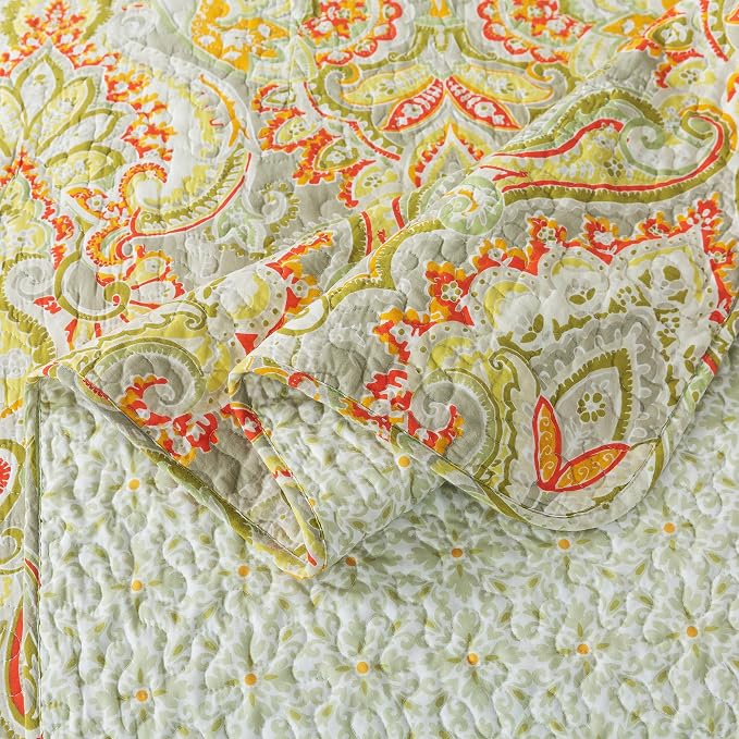 Cotton Bedspread Quilt Sets-Reversible Patchwork Coverlet Set, European Beige Floral Pattern, Queen Size