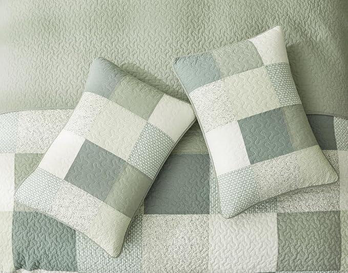 Chezmoi Collection Orna 3-Piece Chic Patchwork Quilt Set - Green Floral Patch Coverlet - Pre-Washed Cotton Lightweight Reversible Bedspread, Queen Size