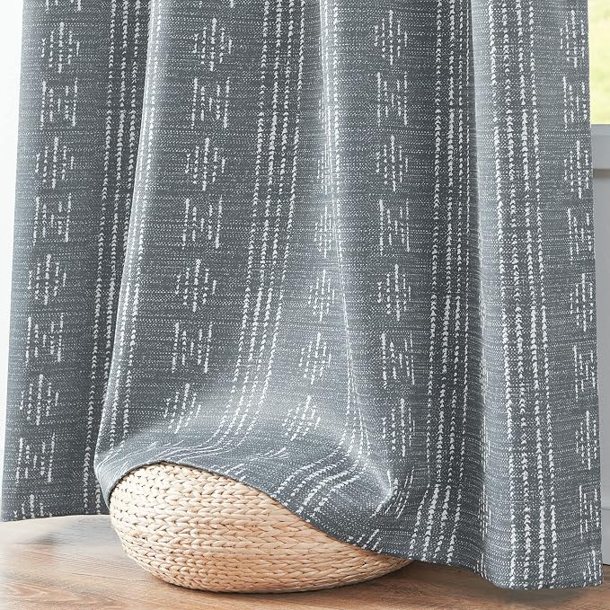 jinchan Boho Blackout Curtains 90 Inches Long for Bedroom Living Room | White on Grey Geometric Printed Grommet Curtains Room Darkening Thermal Insulated Window Treatments 2 Panels