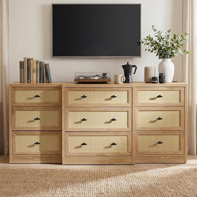 9 Drawers Dresser for Bedroom, 63" Wide Rattan Dressers w/Charging Station | Chest of Drawers with 4 Custom Drawers, Long Dresser TV Stand, Wood Closet Clothes Storage Organizer for Living Room