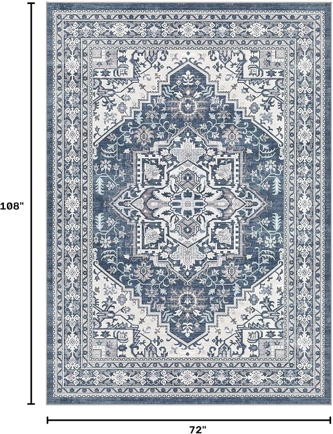 UERMEI 6x9 Area Rug for Living Room - Washable Vintage Carpet, Non-Slip Soft Large Indoor Floor Rugs for Bedroom Home Office & Under Dining Table Decor, Denim Blue/White