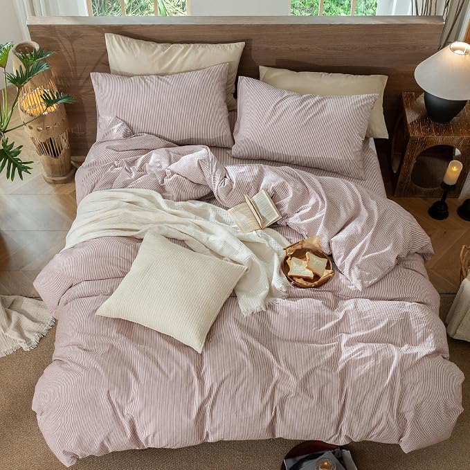 MooMee Striped Duvet Cover Set 100% Washed Cotton Linen Like Queen | Relaxed Linen-like Texture. Soft, Breathable & Long-lasting Comfort. Lightweight. Hidden Zipper with 8 Interior Corner Ties