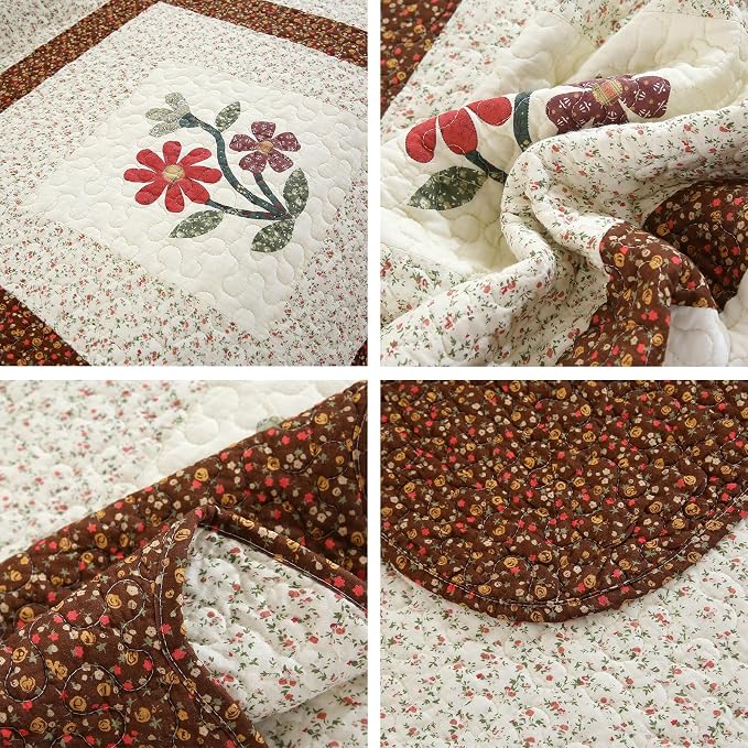 vctops 3 Piece Embroidered Floral Quilted Bedspread Quilt Set 100% Cotton Reversible Patchwork Coverlet Set 1 Quilt and 2 Pillow Shams (Coffee,King)