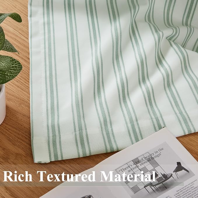 ZJDECOR 72 Inch Green White Striped Full Blackout Curtain Panels | Stripe on White Cotton Blended Fabric,Room Darkening Window Treatment for Bedroom Living Room,Back Tabs Rod Pocket