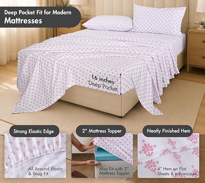 RUVANTI 100% Cotton Percale Sheets Split King Size, Block Print Motif | Crisp Cooling, Deep Pocket 16", Soft Breathable & Durable, Hotel-Style, 5 Piece Set