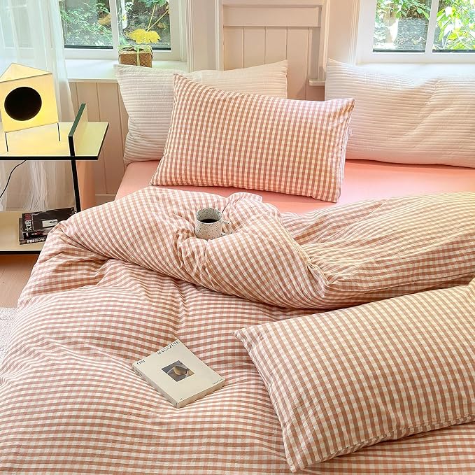 LifeTB Pink Gingham Comforter Set Full Modern Style Pink Plaid Comforter Set 3 Pieces Grid Checkered Pattern Comforter with 2 Pillowcases Fluffy Boho Farmhouse Gingham Bedding Comforter Full