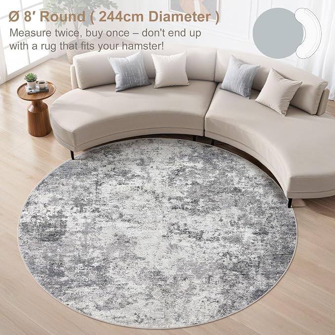 UERMEI 8ft Round Area Rug Living Room Rugs - 8x8 Washable Neutral Modern Abstract Soft Thin Rug Indoor Floor No Slip Rug Carpet for Bedroom Under Dining Table Home Office Decor - Grey