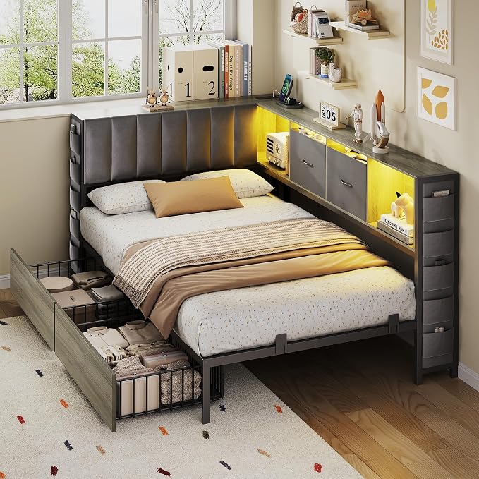 MapleGrace Twin Corner Bed Frame with Upholstered Storage Headboard and Drawers, Metal Platform Bed Frame with LED Light and Charging Station, Twin Daybed for Living Room, Bedroom & Guest Room, Gray
