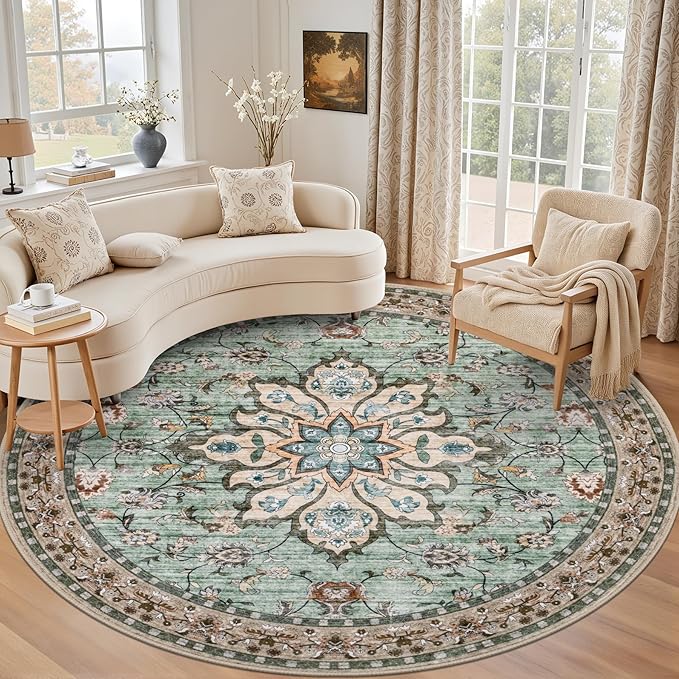 Round Area Rug for Living Room: 4ft Boho Washable Rug Brown Green | Vintage Boho Soft Round Rug Indoor Floor No Slip Carpet Stain Resistant Rugs for Bedroom Dining Room Nursery Home Office