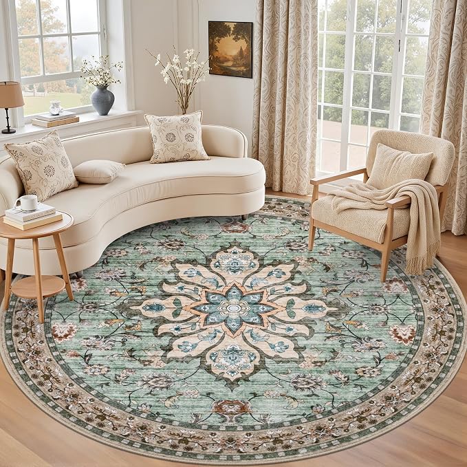 Round Area Rug for Living Room: 6ft Boho Washable Rug Brown Green | Vintage Boho Soft Round Rug Indoor Floor No Slip Carpet Stain Resistant Rugs for Bedroom Dining Room Nursery Home Office