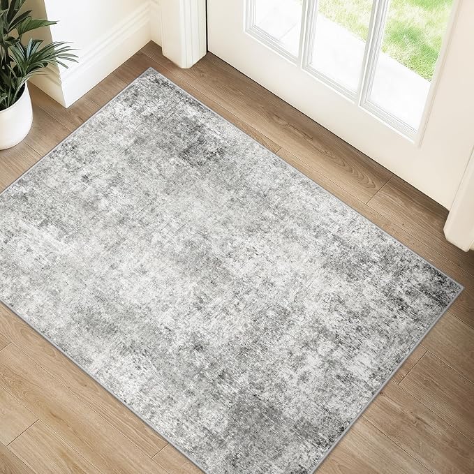 RELEANY Washable 2'x3' Abstract Area Rug for Living Room Gray White | Carpet for Bedroom, Kitchen, Office, Hallway and Entryway, Printed Pattern, Non‑Slip, Soft, Stain‑Resistant, Easy to Clean