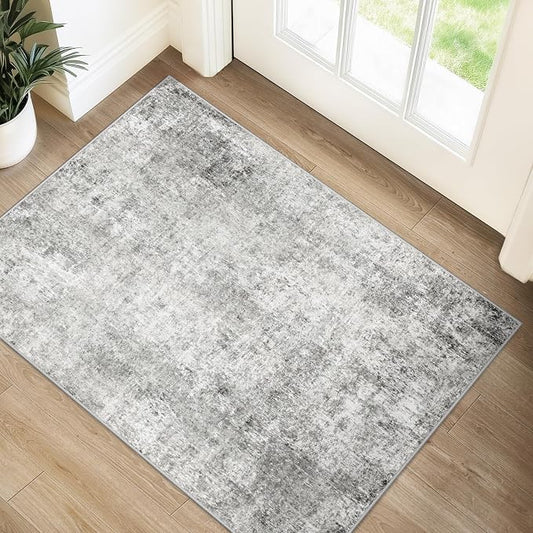 RELEANY Washable 2'x3' Abstract Area Rug for Living Room Gray White | Carpet for Bedroom, Kitchen, Office, Hallway and Entryway, Printed Pattern, Non‑Slip, Soft, Stain‑Resistant, Easy to Clean