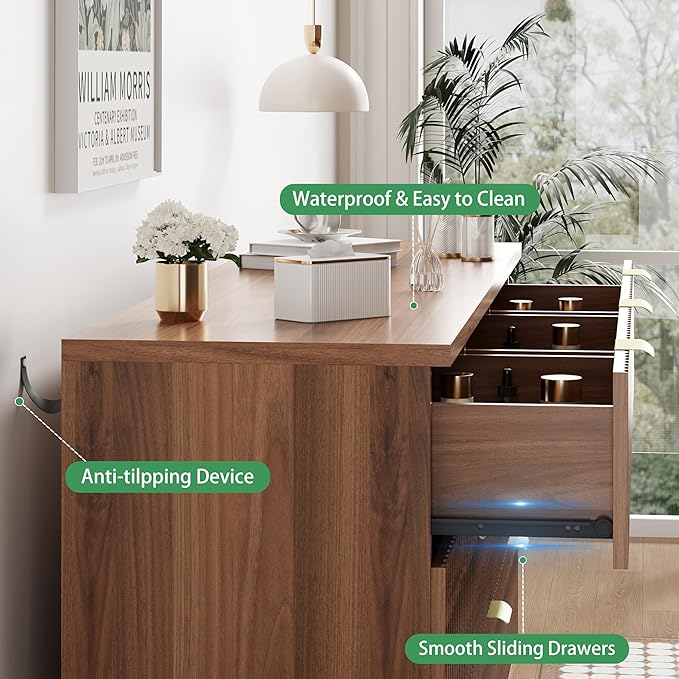 Xixini Fluted Dresser for Bedroom with 7 Drawers, 48" Wide Modern Chest of Drawers with Metal Handle, Wood Dresser TV Stand, Wooden Closet Clothes Storage Organizer for Living Room, Hallway, Walnut